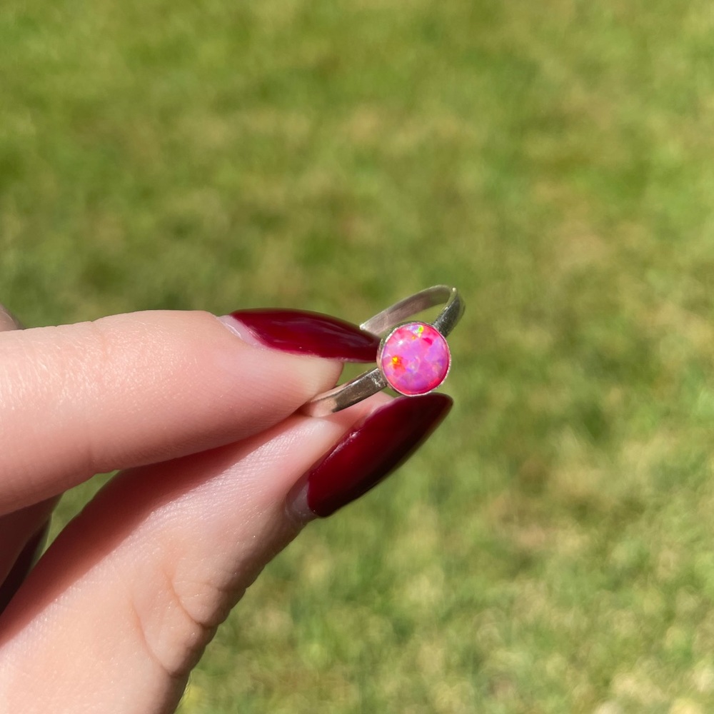 Handmade Sterling Silver Ring Band with Pink Opal - Picture 3 of 9